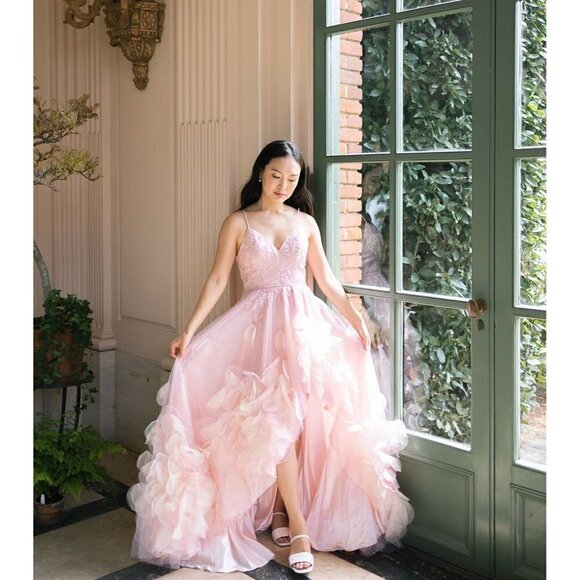 MAC DUGGAL Embellished Floral High Low Sleeveless Gown in Petal Pink Size US 8 - Picture 1 of 14